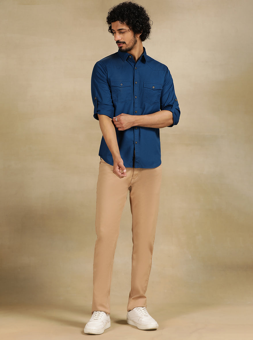 Navy Blue Solid Slim Fit Casual Shirt | Greenfibre