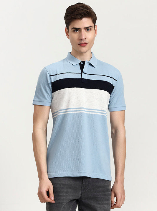 Sky Blue Striped Slim Fit Polo T-Shirt | Greenfibre