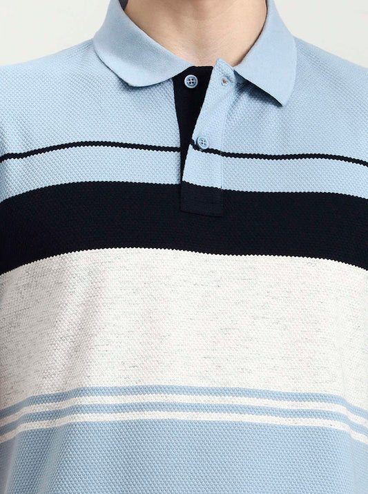 Sky Blue Striped Slim Fit Polo T-Shirt | Greenfibre