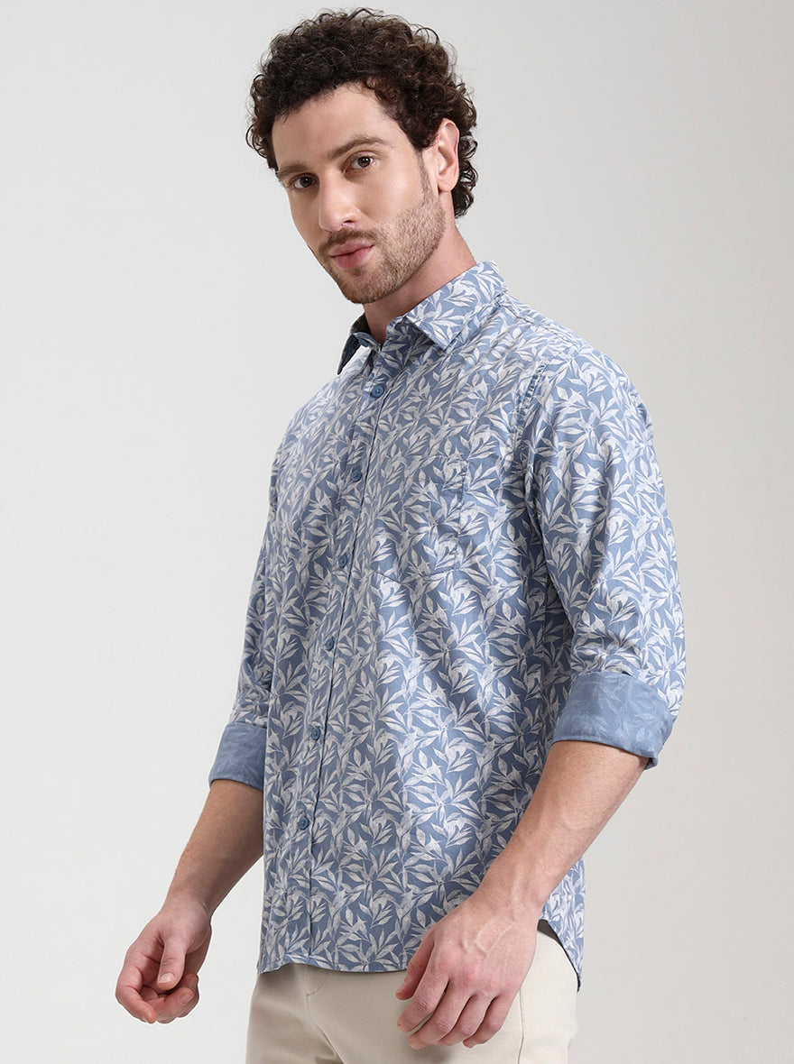 Blue Printed Slim Fit Casual Shirt | Greenfibre