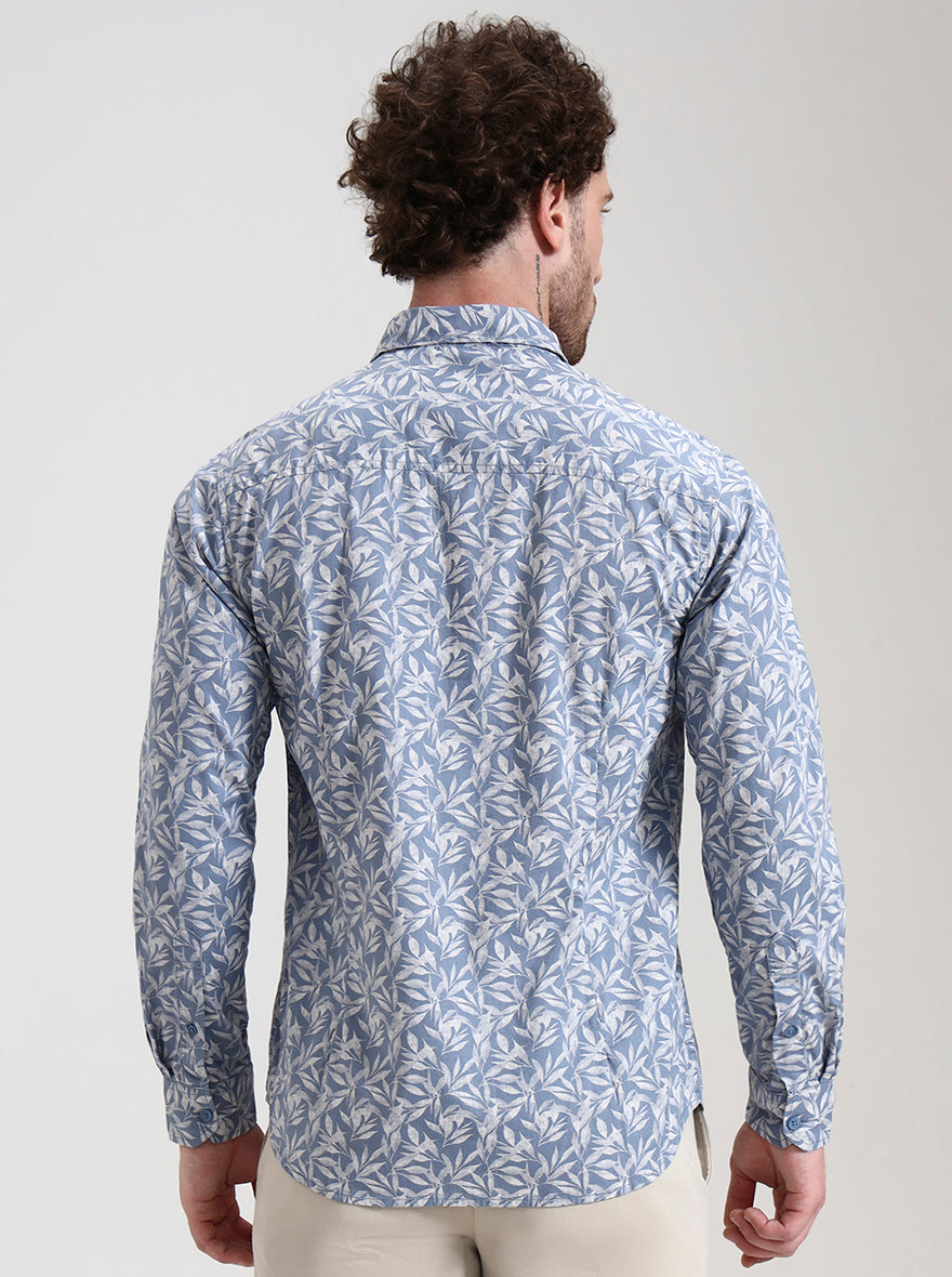Blue Printed Slim Fit Casual Shirt | Greenfibre