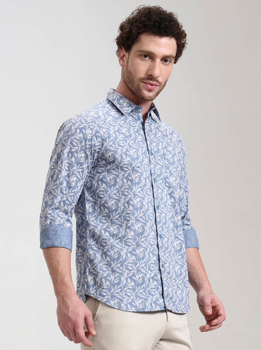 Blue Printed Slim Fit Casual Shirt | Greenfibre