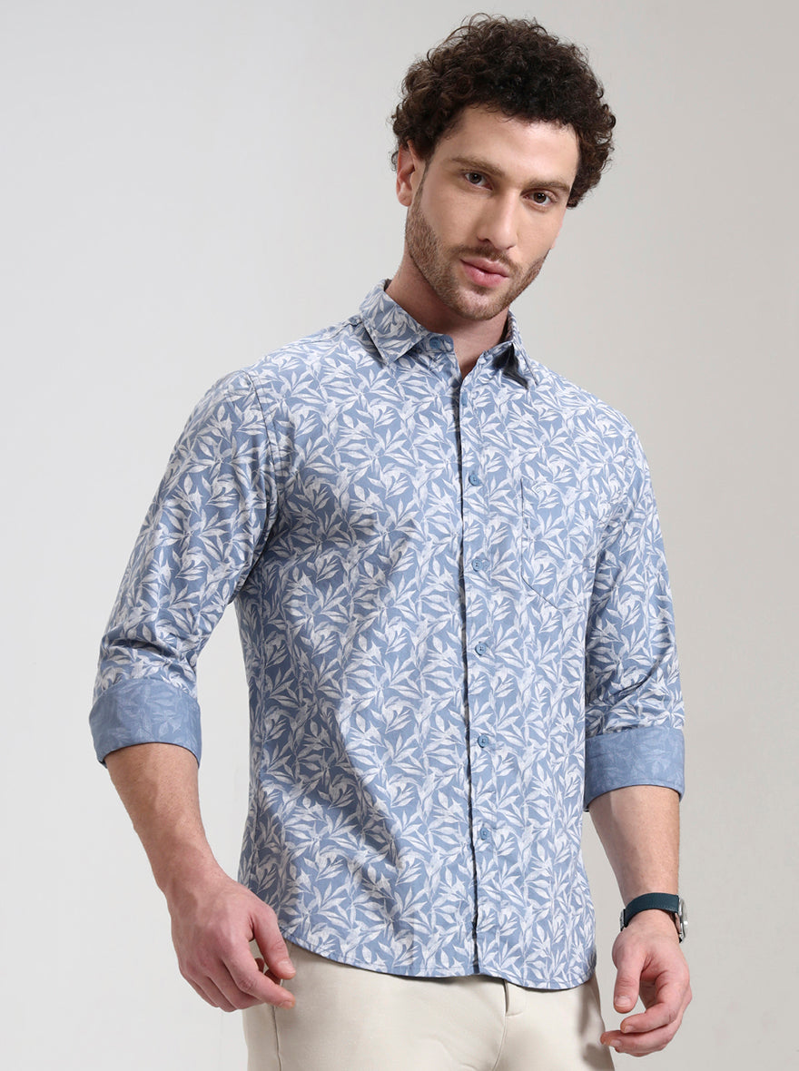 Blue Printed Slim Fit Casual Shirt | Greenfibre