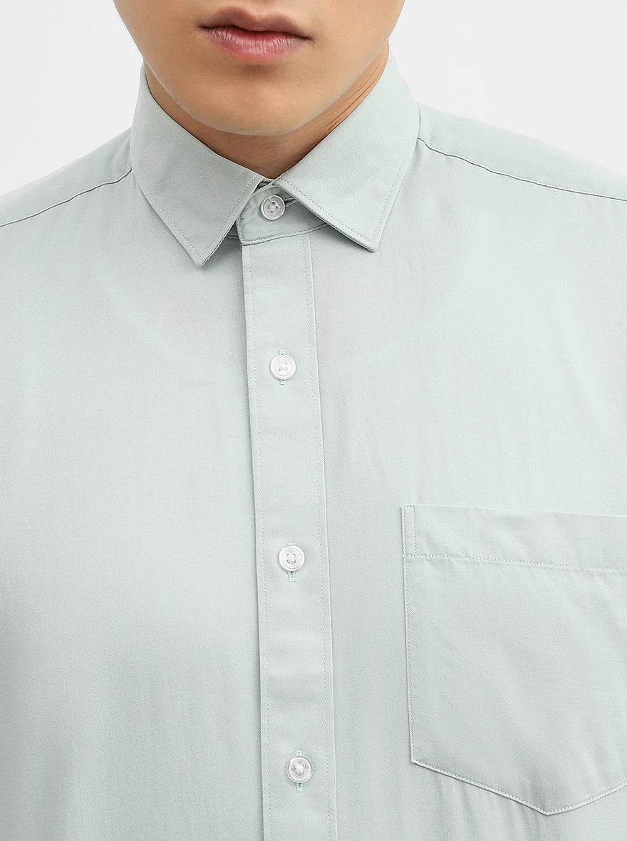 Sky Blue Solid Tailored Fit Semi Casual Shirt | Greenfibre