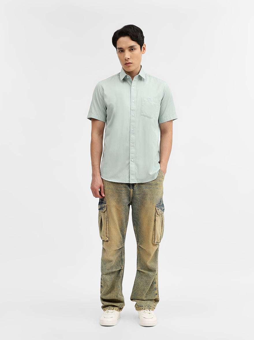 Sky Blue Solid Tailored Fit Semi Casual Shirt | Greenfibre
