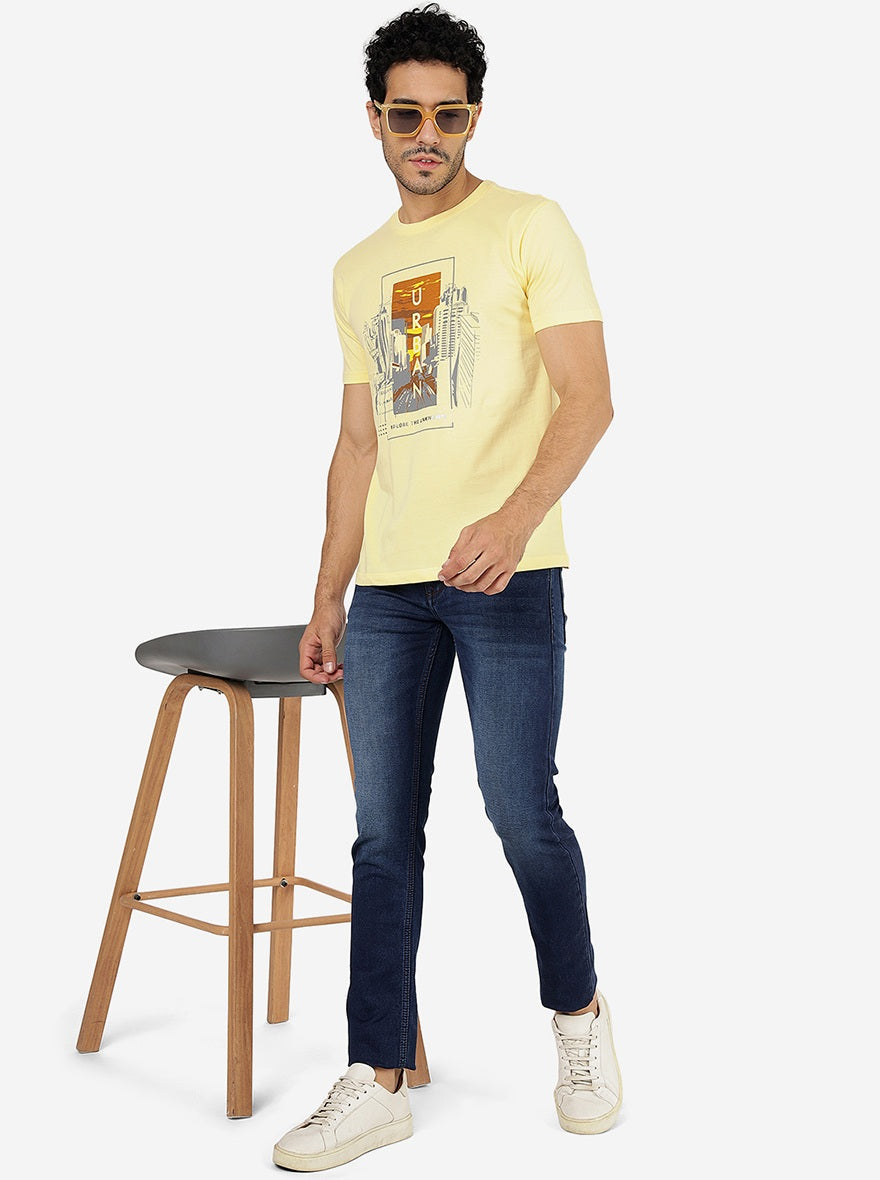 Light Yellow Printed Slim Fit T-Shirt | Greenfibre