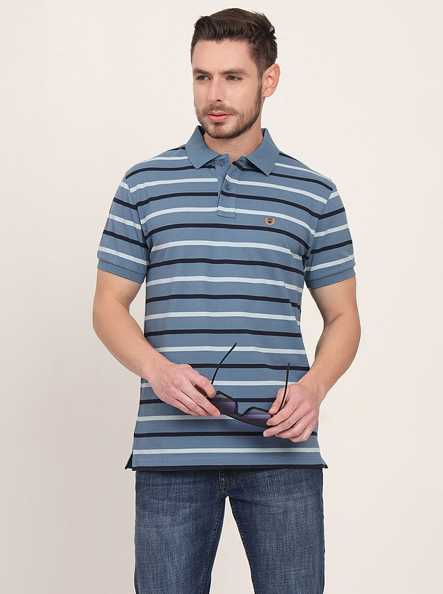 Grey & Navy Blue Striped Slim Fit Polo T-Shirt | JadeBlue