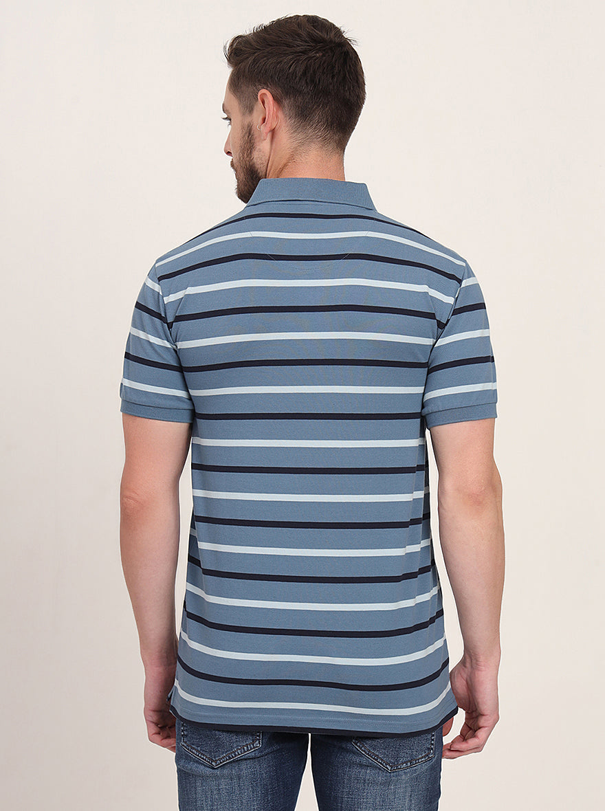 Grey & Navy Blue Striped Slim Fit Polo T-Shirt | JadeBlue