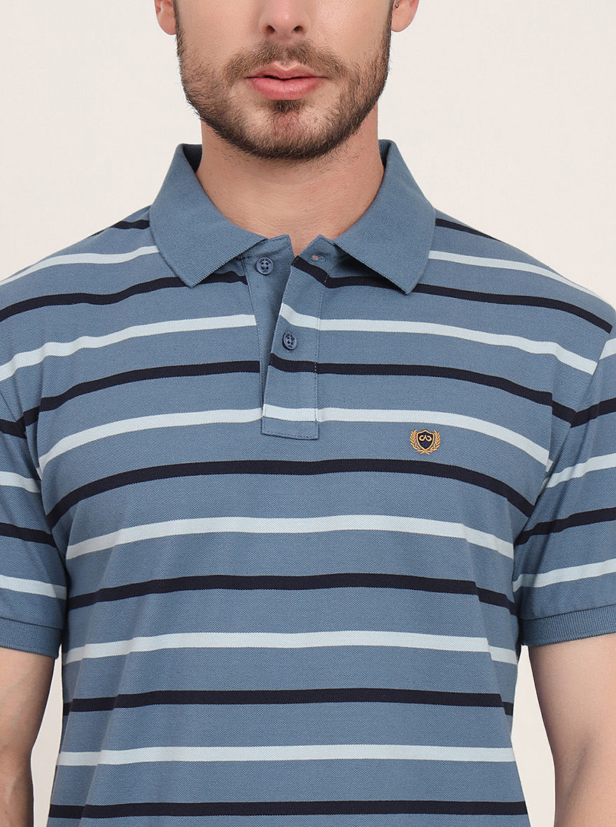 Grey & Navy Blue Striped Slim Fit Polo T-Shirt | JadeBlue