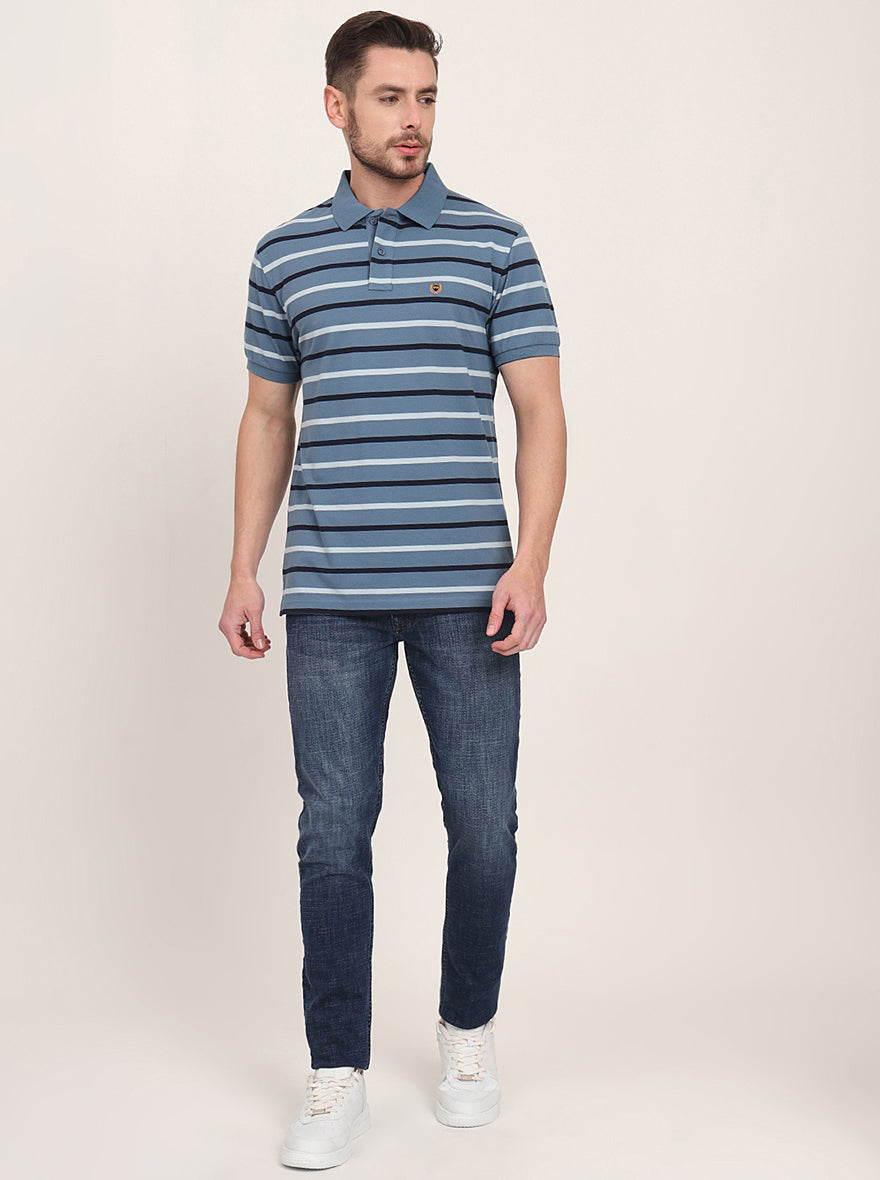 Grey & Navy Blue Striped Slim Fit Polo T-Shirt | JadeBlue