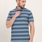 Grey & Navy Blue Striped Slim Fit Polo T-Shirt | JadeBlue