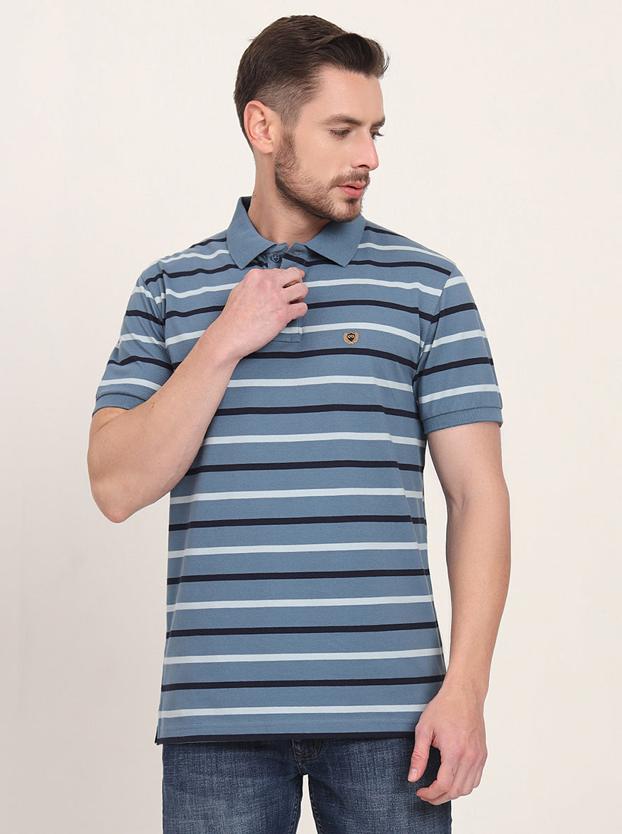Grey & Navy Blue Striped Slim Fit Polo T-Shirt | JadeBlue