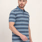 Grey & Navy Blue Striped Slim Fit Polo T-Shirt | JadeBlue