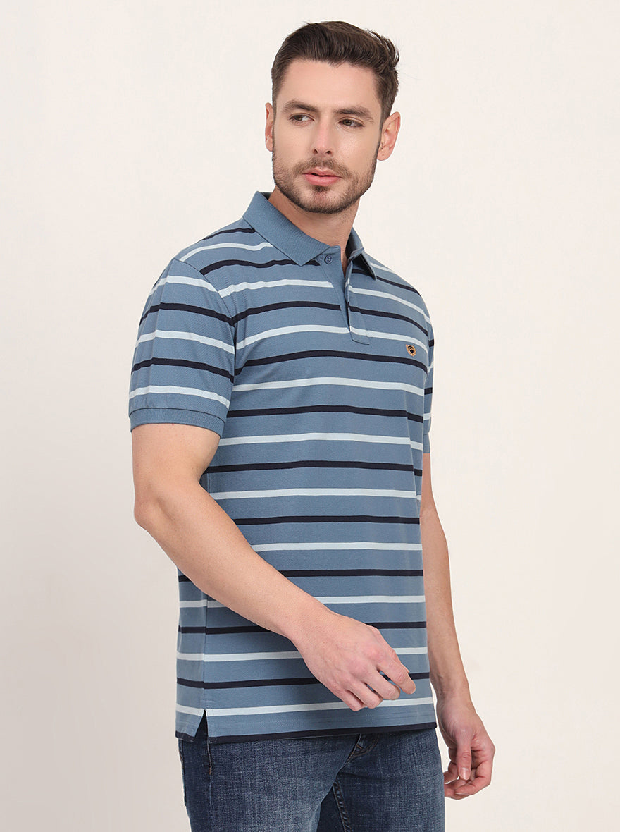 Grey & Navy Blue Striped Slim Fit Polo T-Shirt | JadeBlue