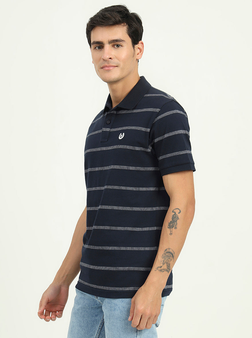 Navy Blue & White Striped Slim Fit Polo T-Shirt | Greenfibre