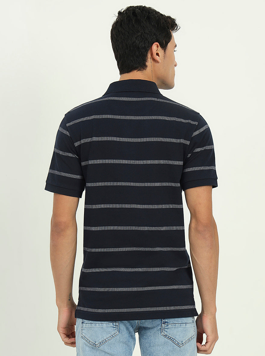 Navy Blue & White Striped Slim Fit Polo T-Shirt | Greenfibre