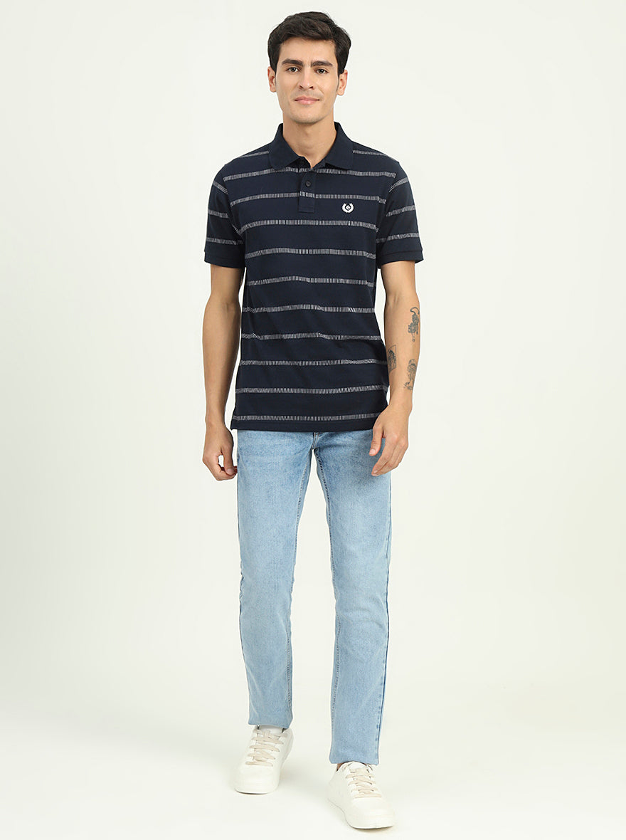 Navy Blue & White Striped Slim Fit Polo T-Shirt | Greenfibre