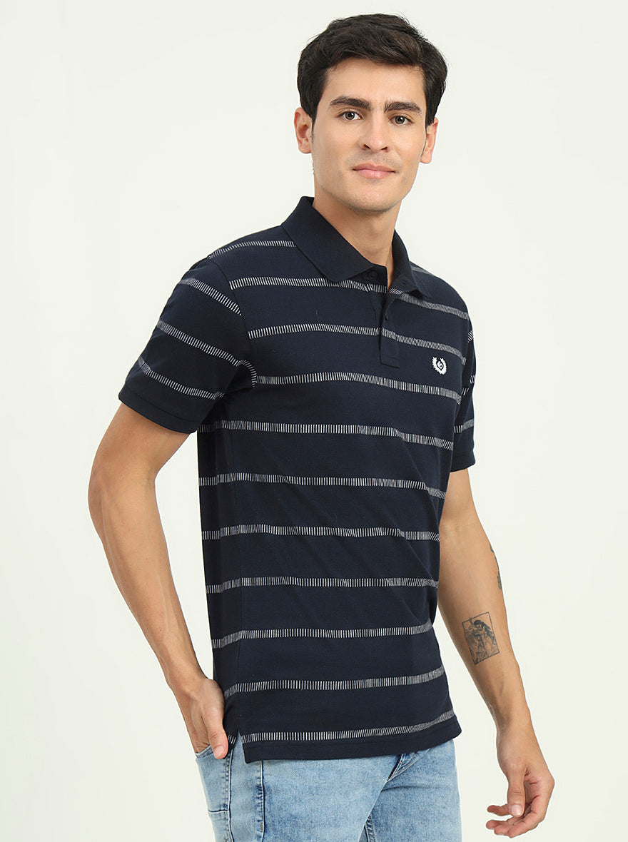 Navy Blue & White Striped Slim Fit Polo T-Shirt | Greenfibre