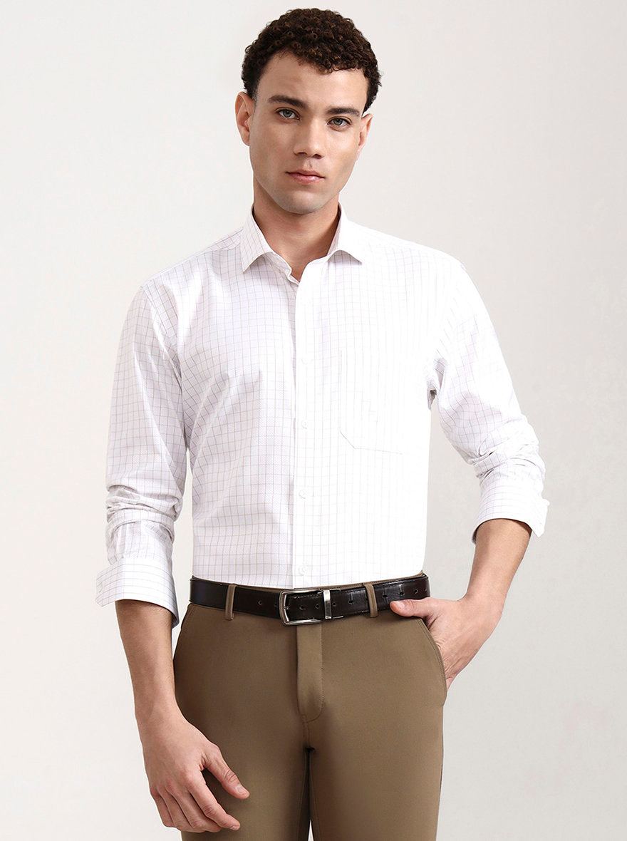 White & Brown Checked Regular Fit Formal Shirt | Greenfibre