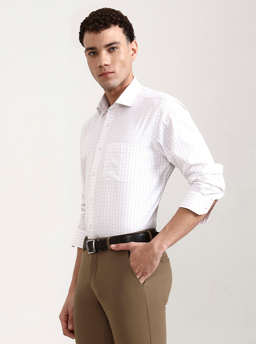 White & Brown Checked Regular Fit Formal Shirt | Greenfibre