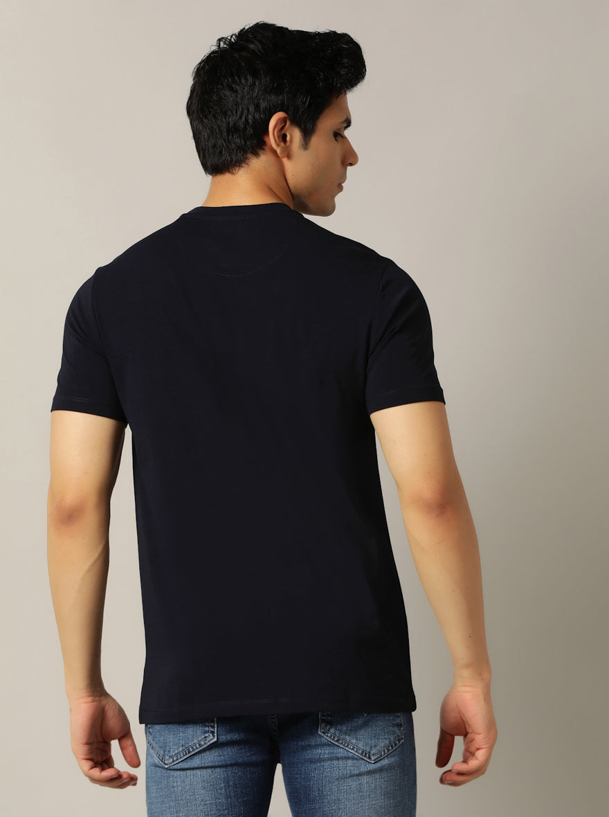 Navy Blue Printed Slim Fit T-Shirt | JadeBlue