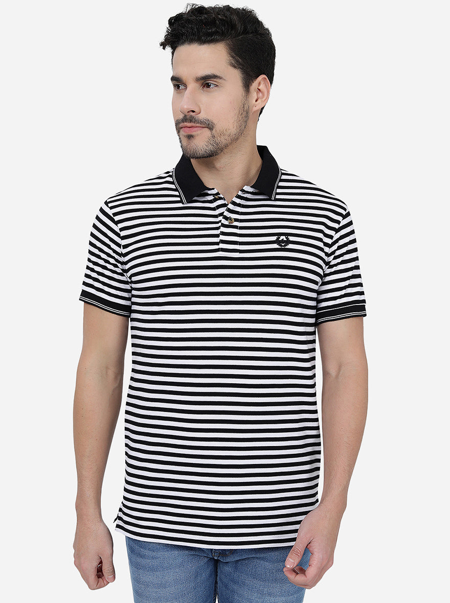 White & Black Striped Slim Fit Polo T-Shirt | Greenfibre