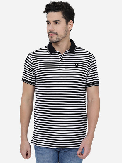 White & Black Striped Slim Fit Polo T-Shirt | Greenfibre