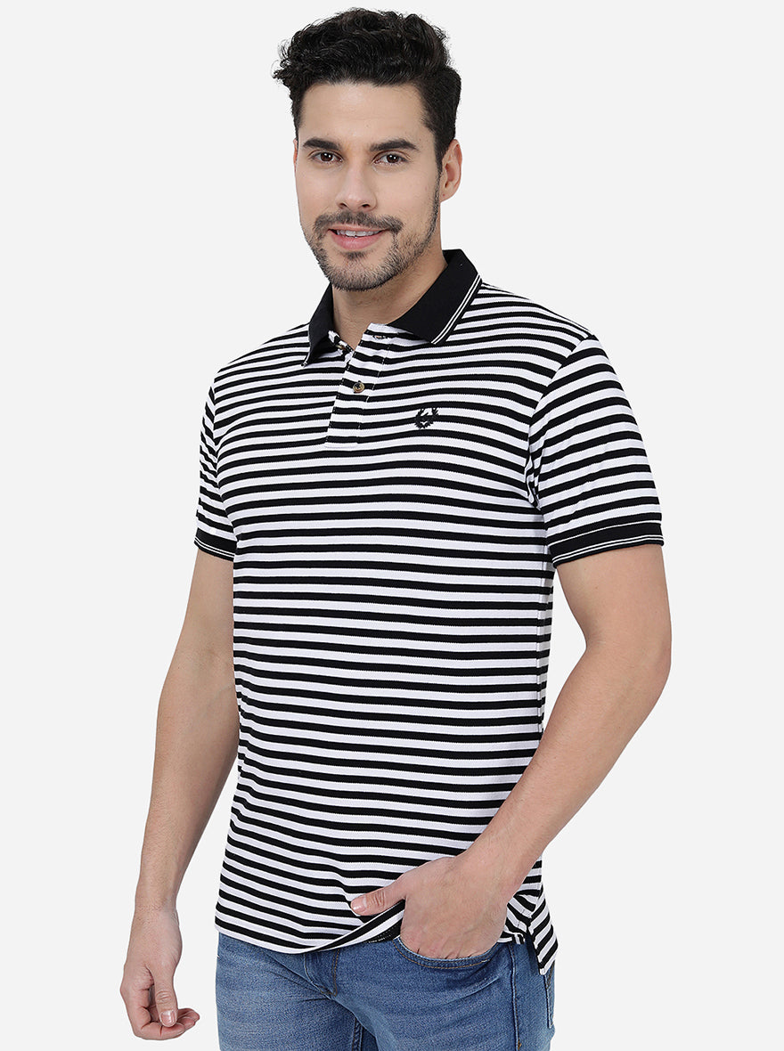 White & Black Striped Slim Fit Polo T-Shirt | Greenfibre