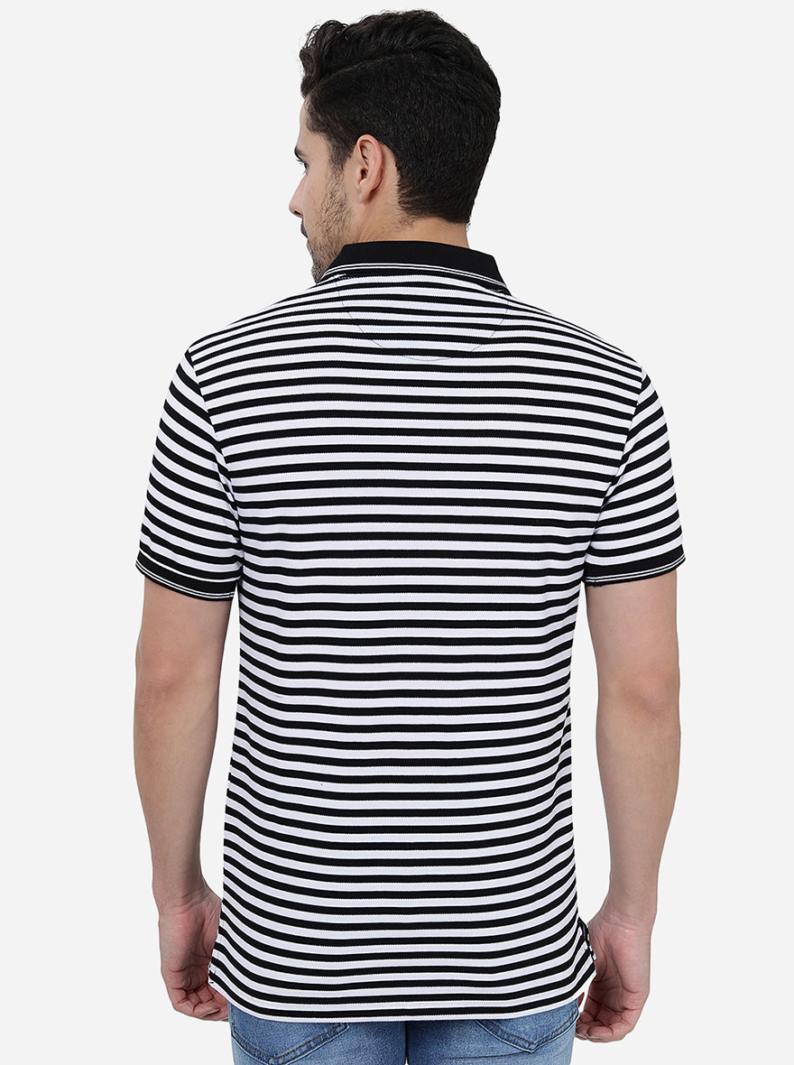 White & Black Striped Slim Fit Polo T-Shirt | Greenfibre