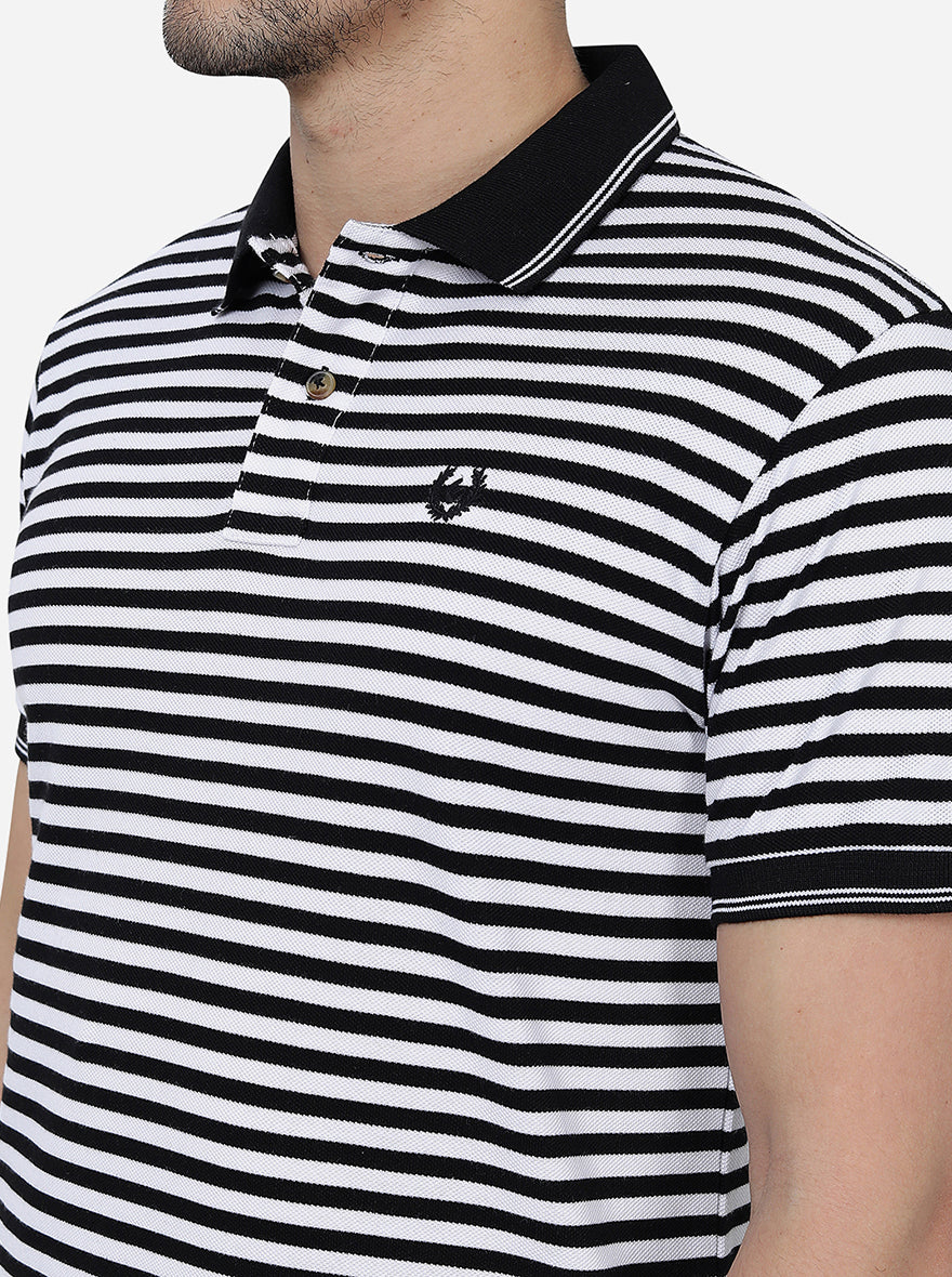 White & Black Striped Slim Fit Polo T-Shirt | Greenfibre