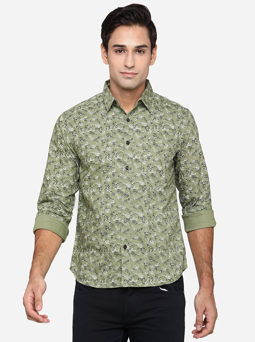 Branch Olive Printed Slim Fit Semi Casual Shirt | Greenfibre