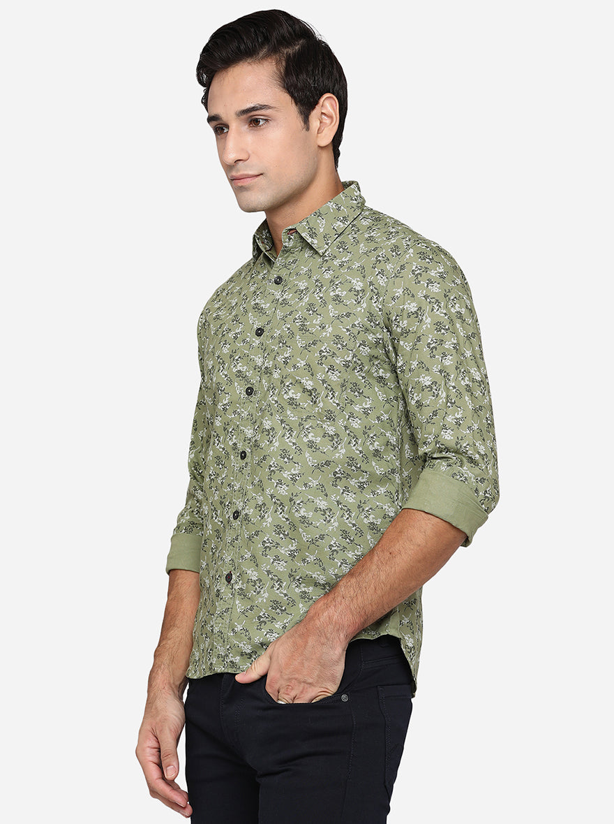 Branch Olive Printed Slim Fit Semi Casual Shirt | Greenfibre