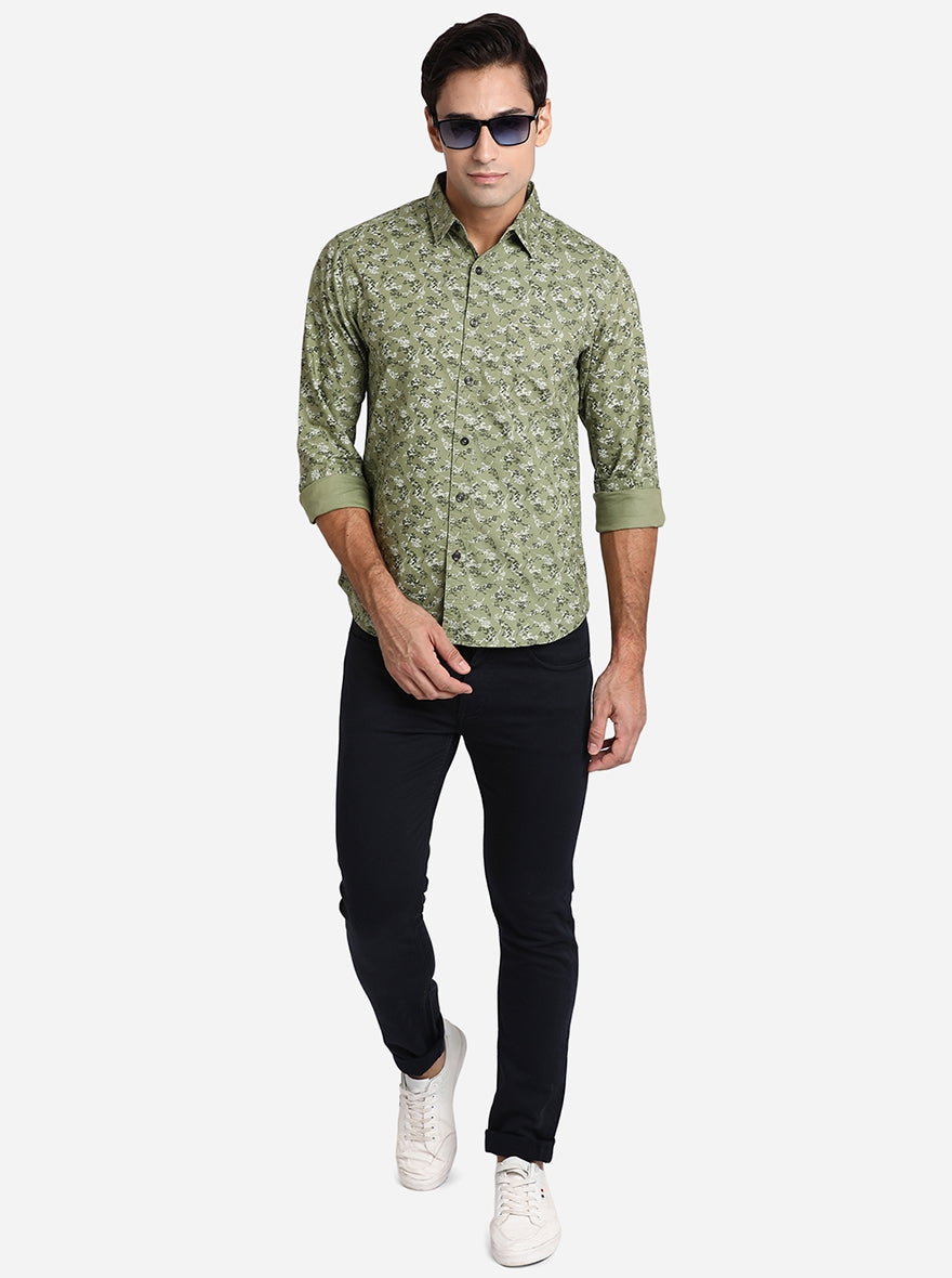 Branch Olive Printed Slim Fit Semi Casual Shirt | Greenfibre