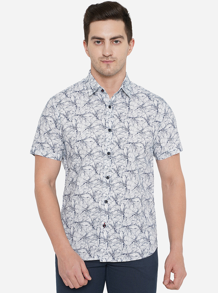 White & Navy Blue Printed Slim Fit Semi Casual Shirt | Greenfibre