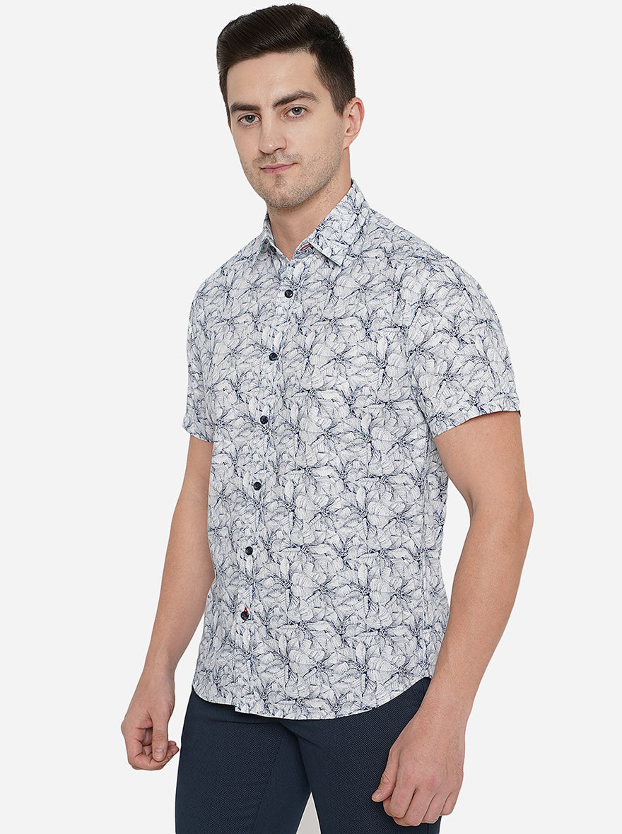 White & Navy Blue Printed Slim Fit Semi Casual Shirt | Greenfibre