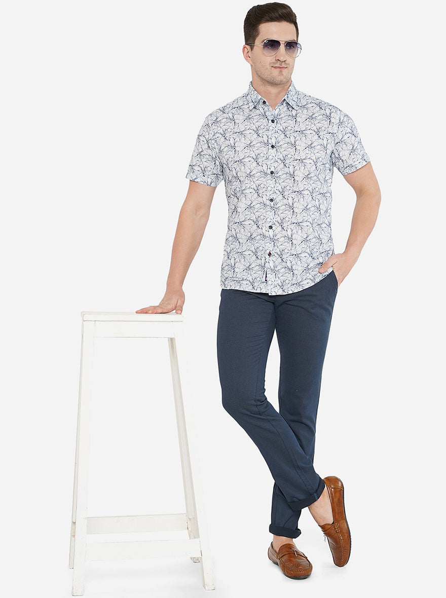 White & Navy Blue Printed Slim Fit Semi Casual Shirt | Greenfibre