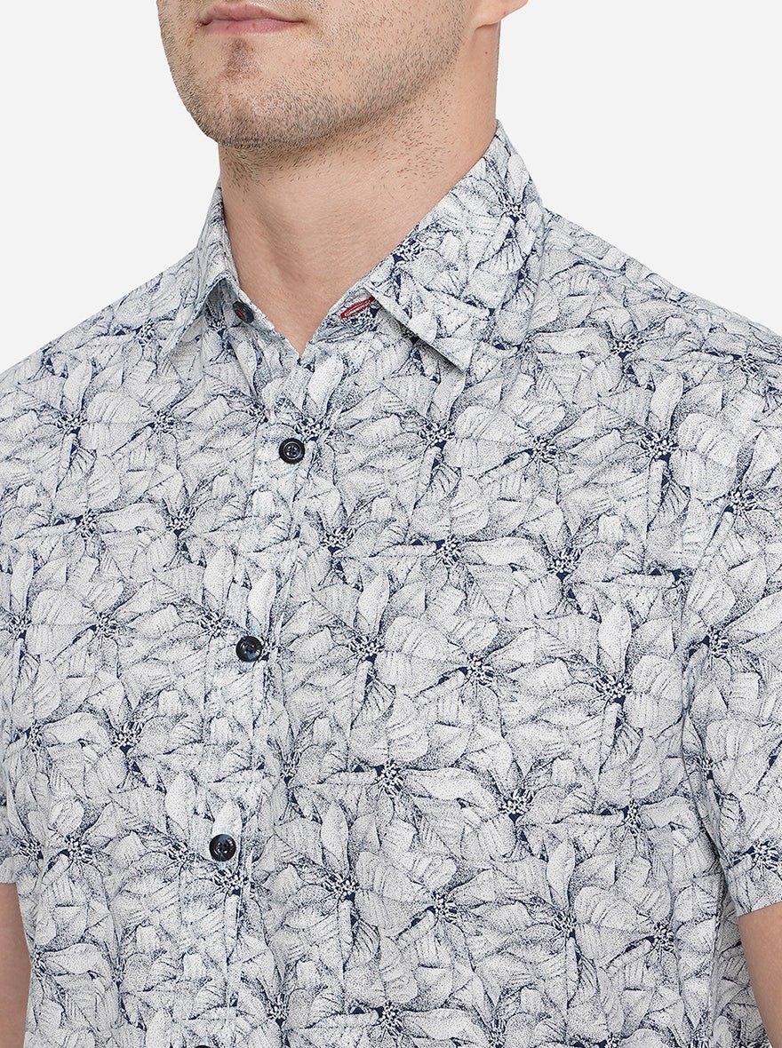 White & Navy Blue Printed Slim Fit Semi Casual Shirt | Greenfibre