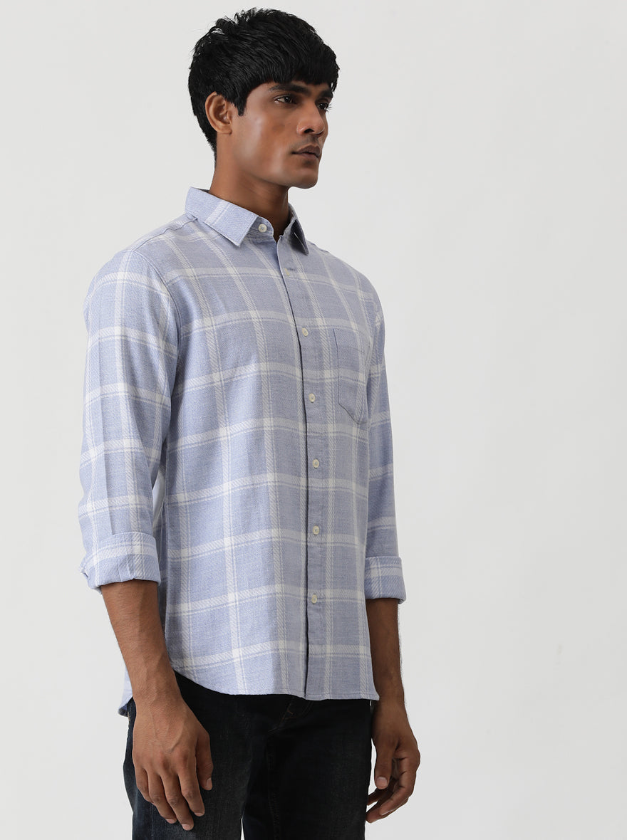 Light Blue Checked Slim Fit Casual Shirt | Greenfibre