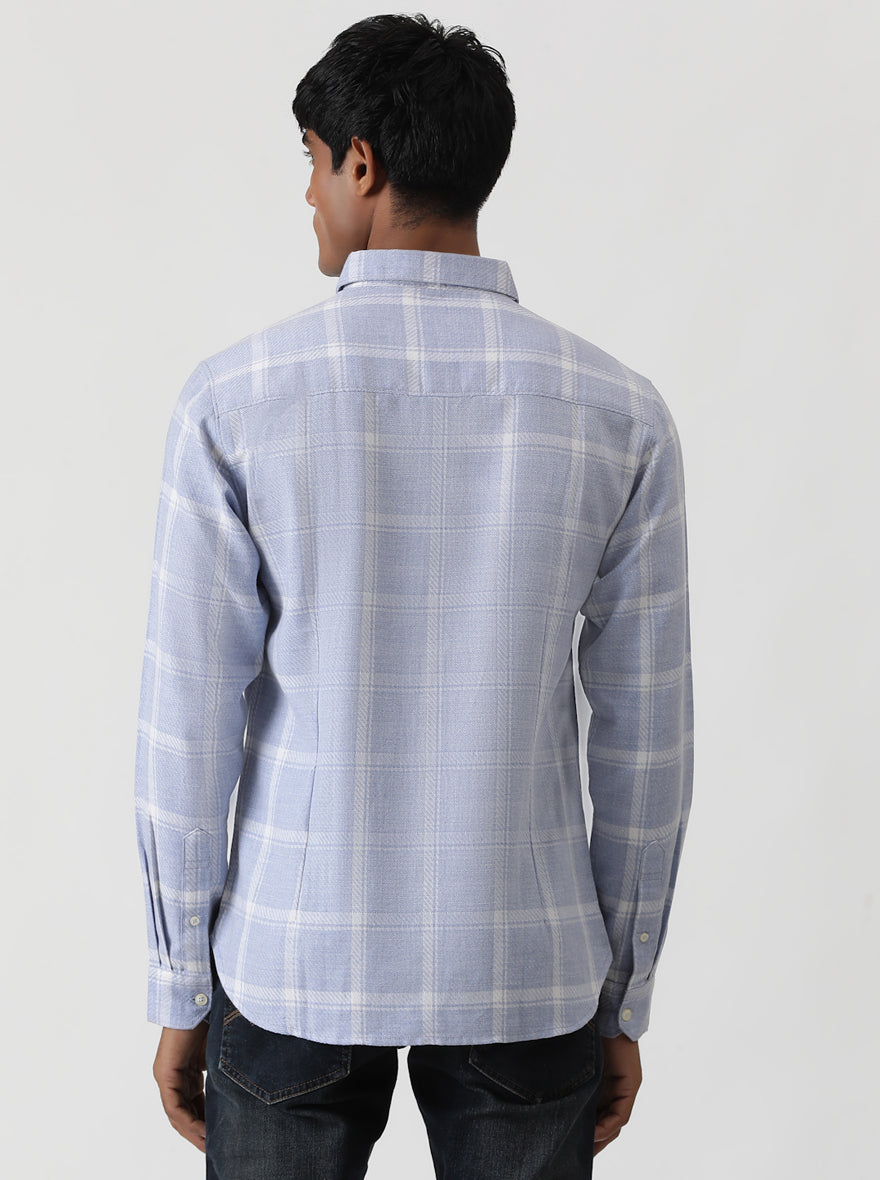 Light Blue Checked Slim Fit Casual Shirt | Greenfibre