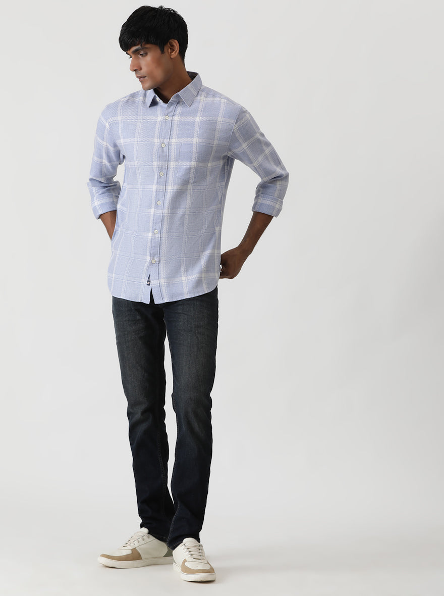 Light Blue Checked Slim Fit Casual Shirt | Greenfibre