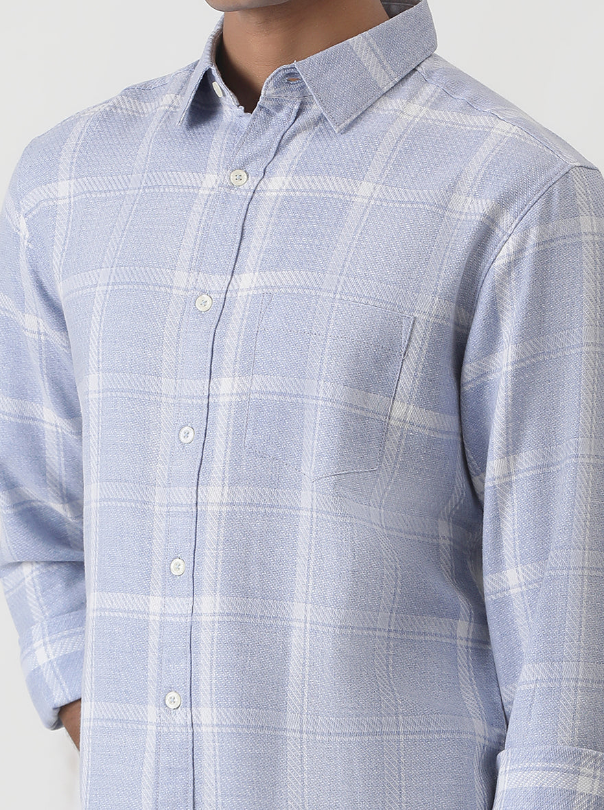 Light Blue Checked Slim Fit Casual Shirt | Greenfibre