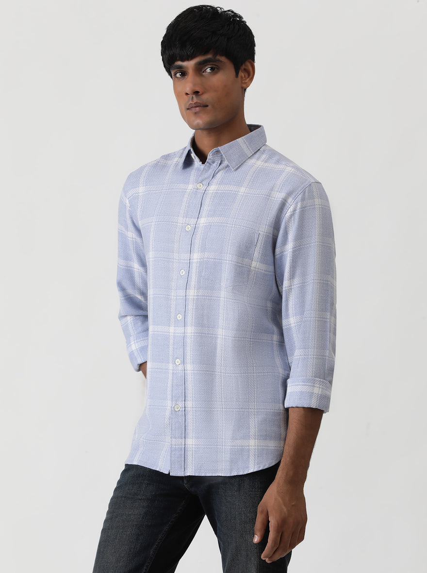 Light Blue Checked Slim Fit Casual Shirt | Greenfibre