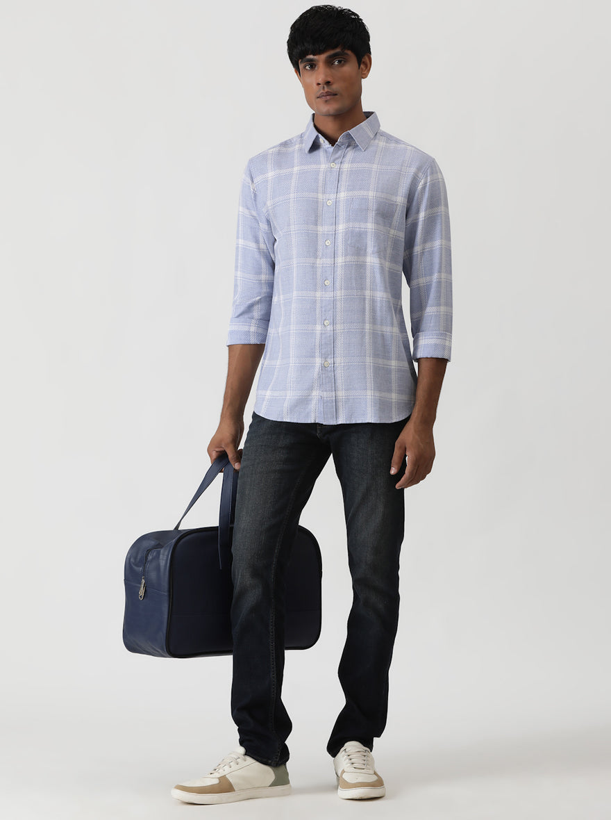 Light Blue Checked Slim Fit Casual Shirt | Greenfibre