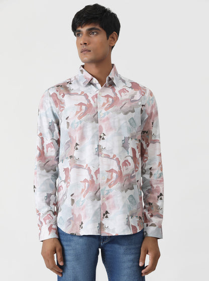 Dusky Pink Printed Slim Fit Casual Shirt | Greenfibre