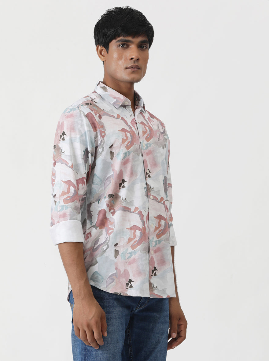 Dusky Pink Printed Slim Fit Casual Shirt | Greenfibre