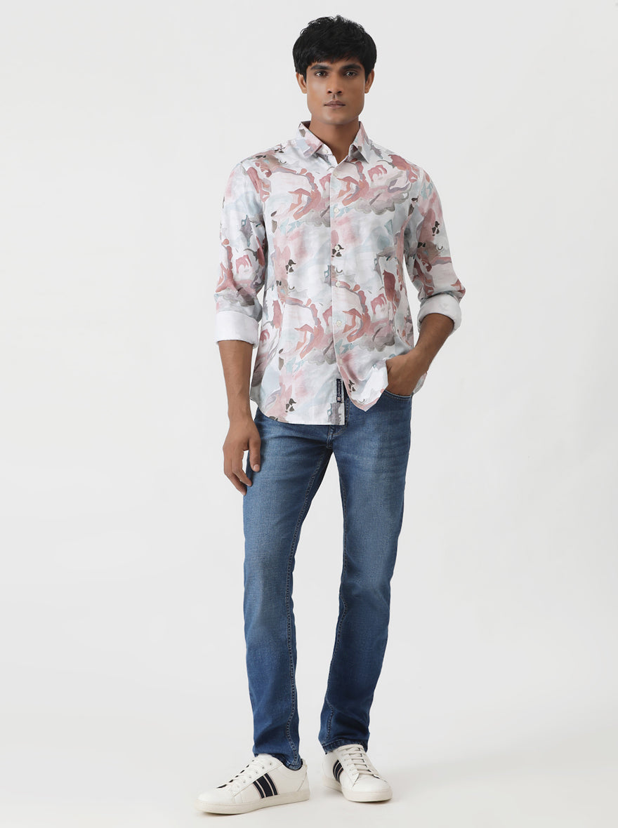 Dusky Pink Printed Slim Fit Casual Shirt | Greenfibre