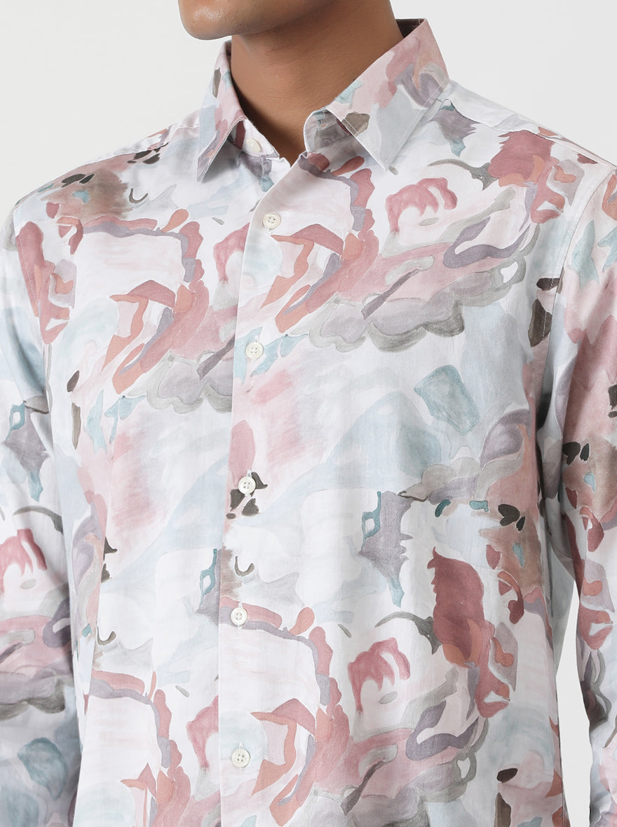 Dusky Pink Printed Slim Fit Casual Shirt | Greenfibre