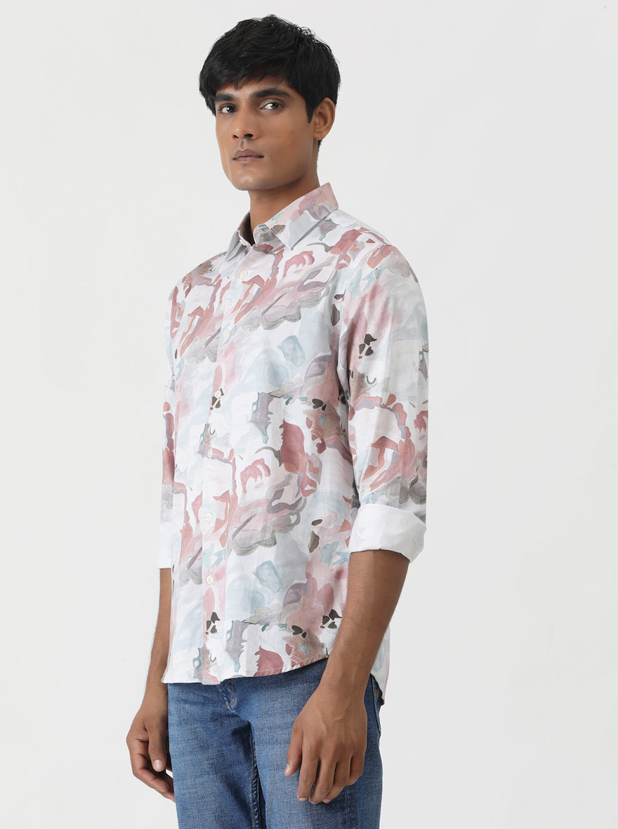 Dusky Pink Printed Slim Fit Casual Shirt | Greenfibre