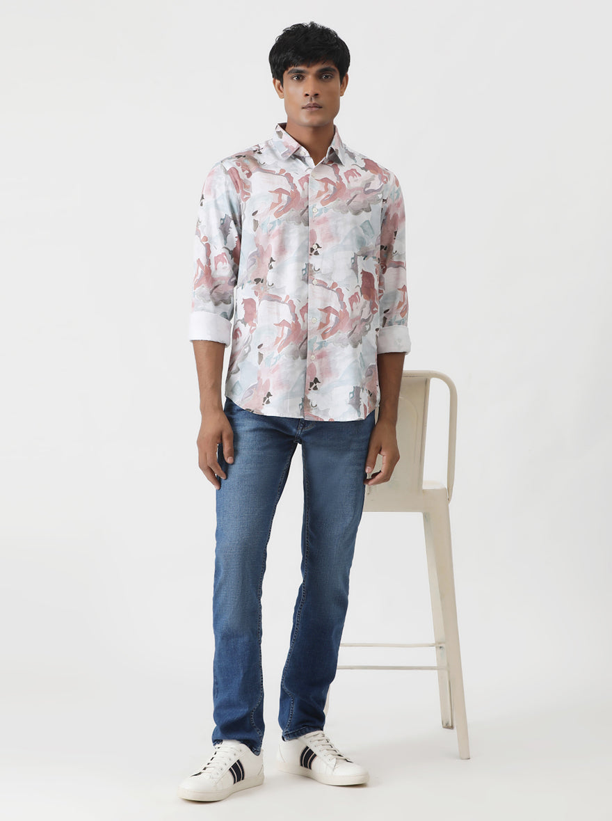 Dusky Pink Printed Slim Fit Casual Shirt | Greenfibre