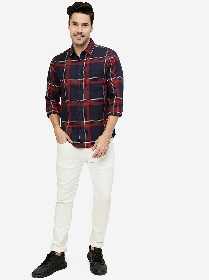 Red & Blue Checked Slim Fit Casual Shirt | Greenfibre